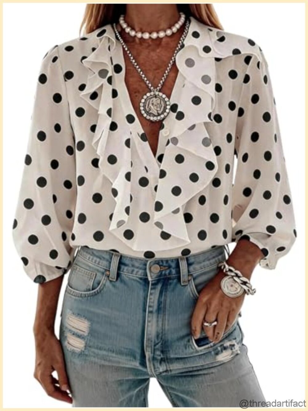 Women's Polka Dot Ruffle 3/4 Sleeve Blouse Button Down Work Office Shirt
